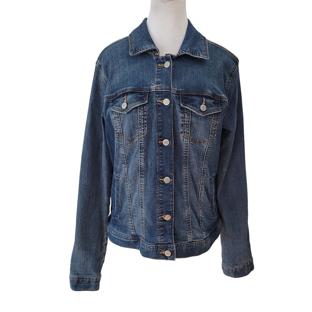 Maurices Medium Denim Jacket Womens Medium Wash Blue Stretch Button Up Trucker